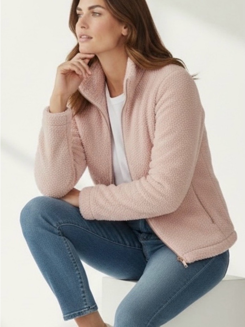 Adrienne Vittadini Sport Pink Sherpa Fleece Full-Zip Jacket Mock Neck Large